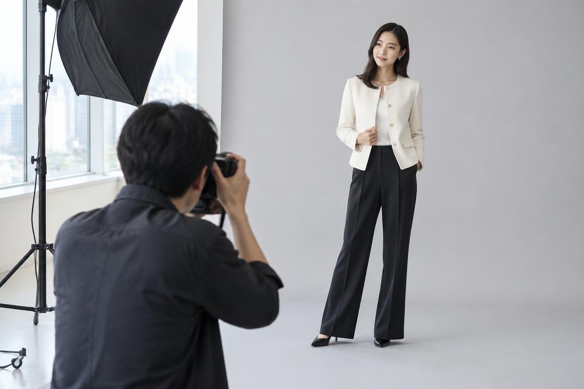 スタジオでモデルを撮影する様子。照明やカメラマンの手配が必要
